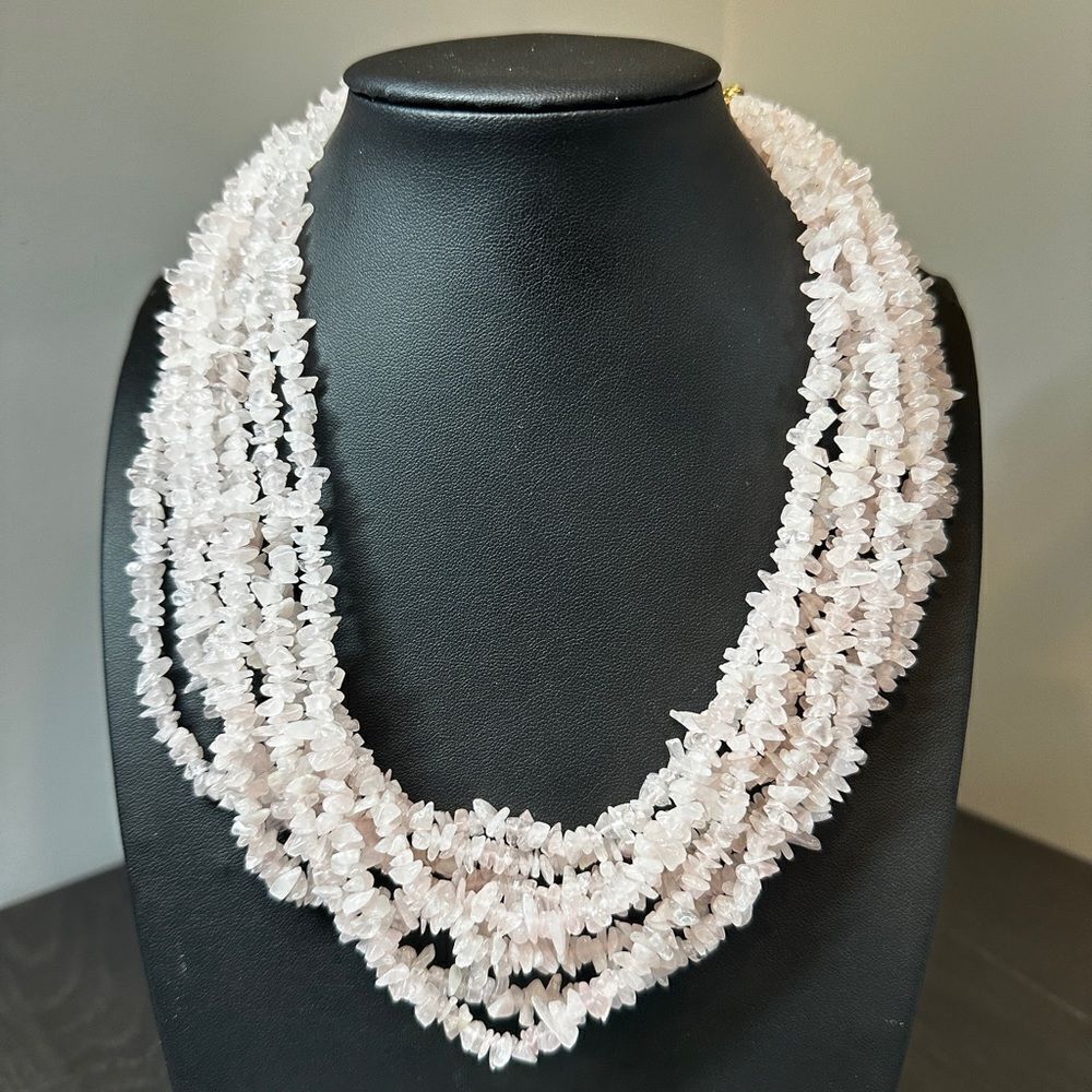 Lee Sands signed, solid, multi-strand rose quartz chip necklace!
